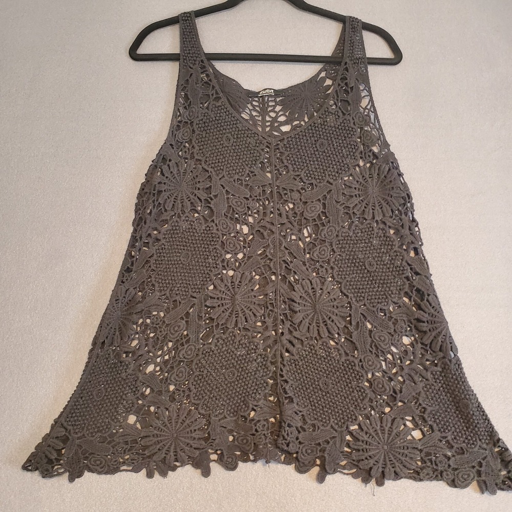 Delusive Black Open Knit L Flower Tank Top Hippy Boho Whimsigoth Fairygrunge EUC